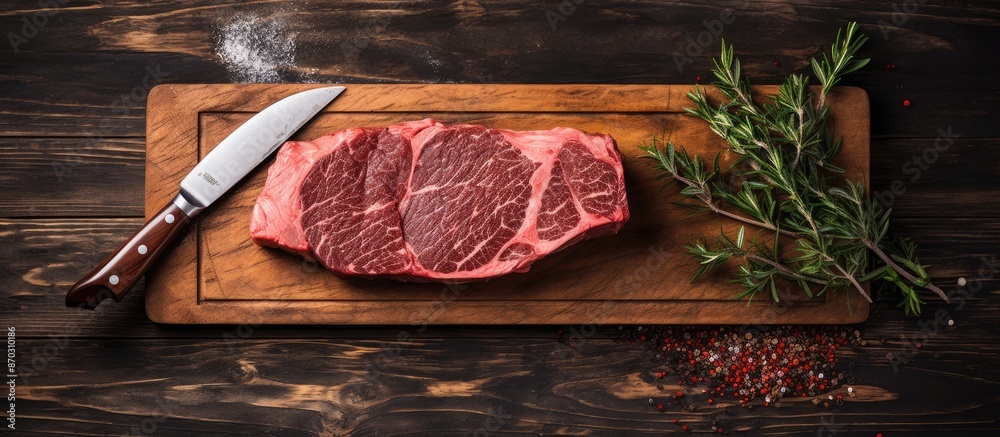 Aufkleber Marbled beef striploin steak displayed on a rustic meat cleaver, set against a wooden background in a top view perspective with copy space image.