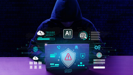 Cyber ​​security and Tech warning or scam concept. Hackers utilize AI (Artificial Intelligence)...