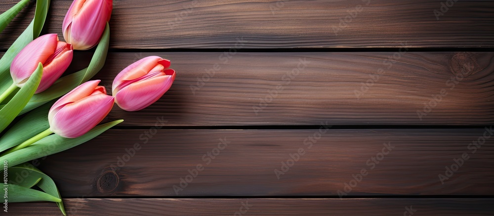 Aufkleber spring flat lay concept with a vibrant tulip on a contemporary wooden backdrop, presenting copy spac