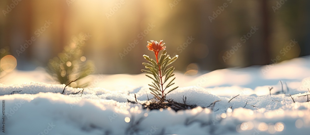 Aufkleber Snow-covered pine sapling in a sunlit forest with a backdrop for copy space image.