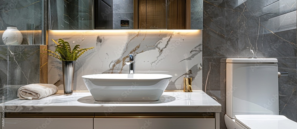 Poster bathroom with toilet marble sink, stock photo. with copy space image. place for adding text or desig