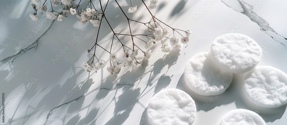 Poster makeup remover micellar water on cotton pads for toning skin, displayed on white marble for a beauty