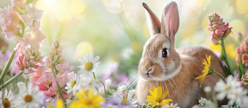 Aufkleber close-up concept with easter rabbit surrounded by fresh flowers, suitable for a copy space image.