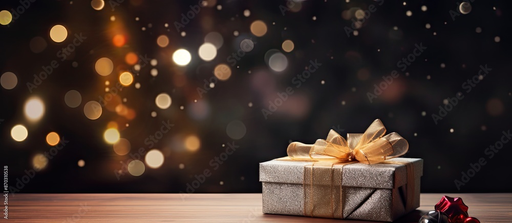 Aufkleber A stunning gift box and fir tree branches on a black table with blurred festive lights, creating a festive copy space image.