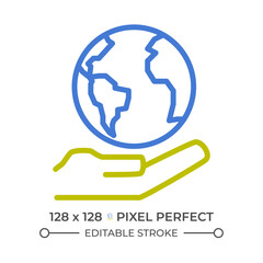 Globe on hand two color line icon. Supporting planet. Holding world. Environmental friendly. Conservation bicolor outline symbol. Duotone linear pictogram. Isolated illustration. Editable stroke