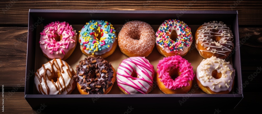 Poster A variety of appetizing donuts topped with glaze and sprinkles placed in a box on a dark wooden table, captured from above with copy space image.