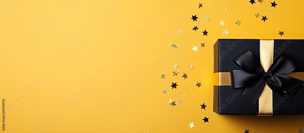Aufkleber Gift box decorated with a black ribbon on yellow surface, viewed from above, with adequate space for text or image. with copy space image. Place for adding text or design