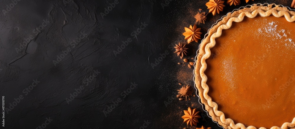Poster top view of a homemade pumpkin pie or tart on a black background with ample copy space image, perfec