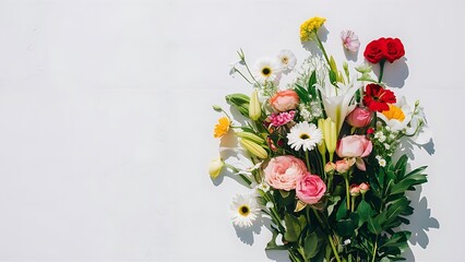 Obraz premium Flat lay of fresh flowers on white background