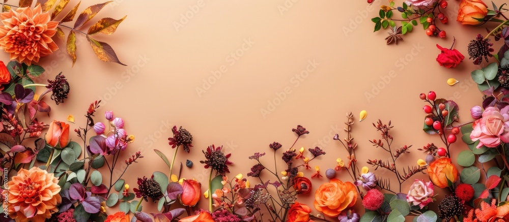 Leinwandbilder an autumn-themed floral arrangement border on a soft beige backdrop, emphasizing the fall season wit