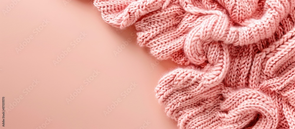 Poster pink knitted fabric on a peach background with copy space image.