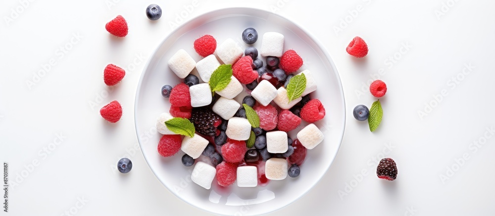 Poster Top-down view of a colorful berry dessert made of marshmallows on a white plate with ample copy space image available.