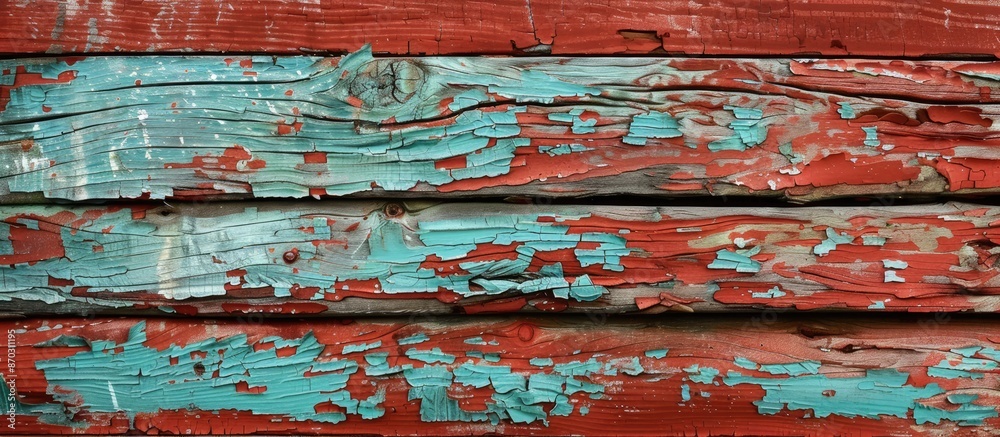 Aufkleber aged and weathered paint layers create abstract patterns on a wooden surface in a copy space image.