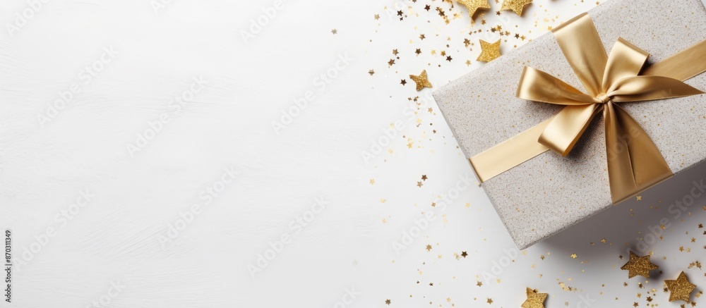 Poster Gift box displayed on a gray table against a white background with mockup gifts. Top view with ample copy space image.