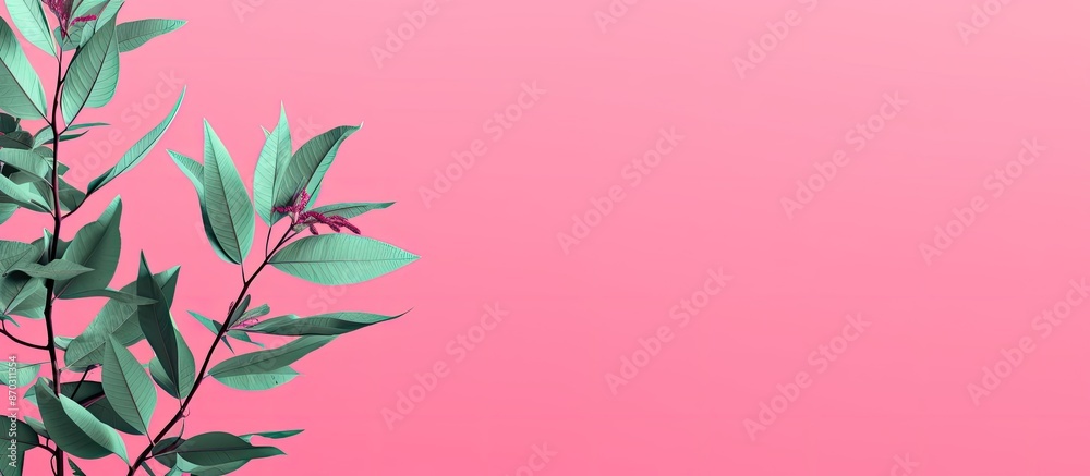 Poster Minimal duotone pop art style frame template for text with a bright pink square background featuring fresh green rowan tree leaves, offering copy space image.