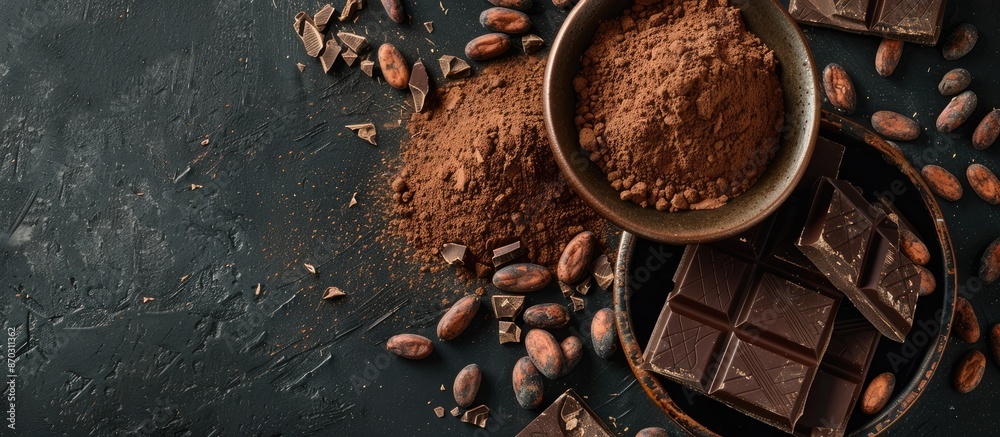 Leinwandbilder a chocolate and cacao concept with cocoa powder in a bowl beside cocoa beans and shattered chocolate