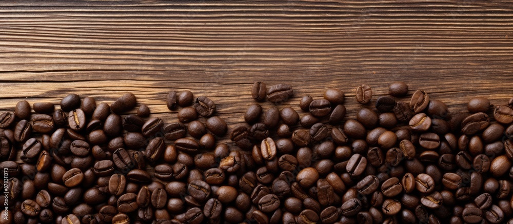 Aufkleber Coffee beans arranged in a frame on a wooden surface, suitable for Coffee Day messaging with copy space image. Shot from above with a focus on the beans.