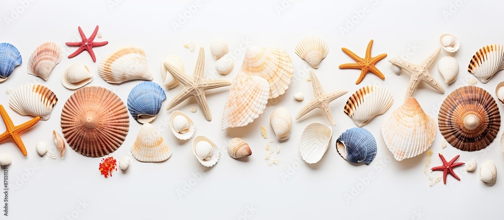 Poster Seashells on a white background with copy space image.