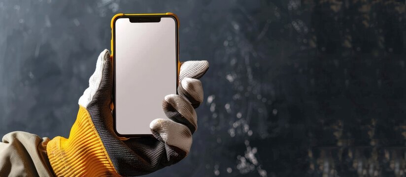 Foreman holding a phone displaying a blank screen in a hand wearing gloves, designed for showcasing home repair or construction projects with copy space image.