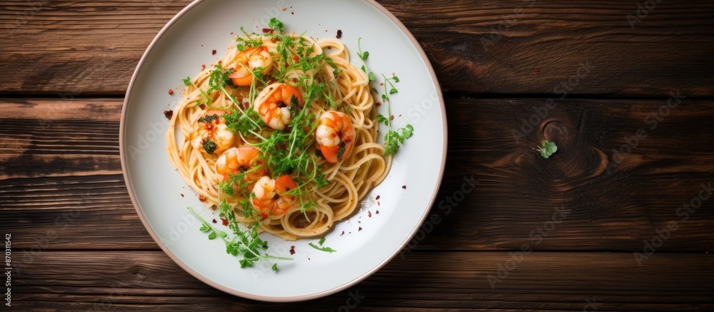 Poster top-down view of tasty shrimp and herb spaghetti on a white plate over a rustic wooden surface, with