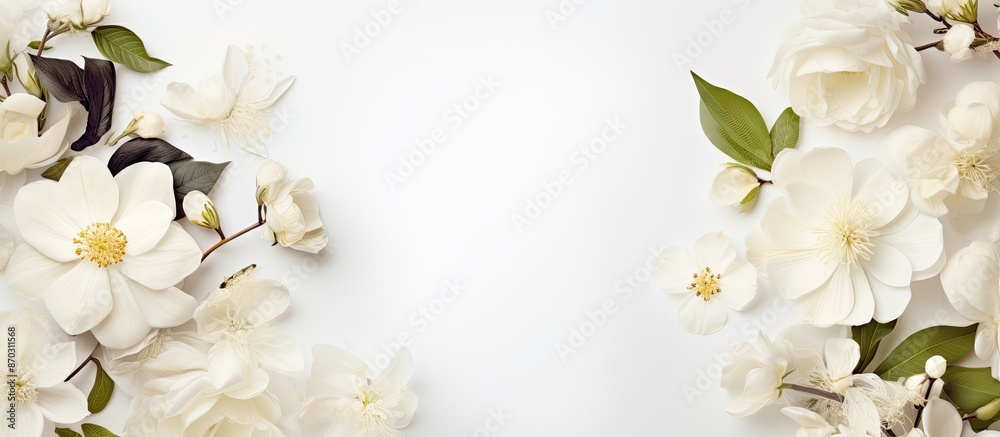 Poster a creative design featuring white flowers and plants against a blank background for writing purposes