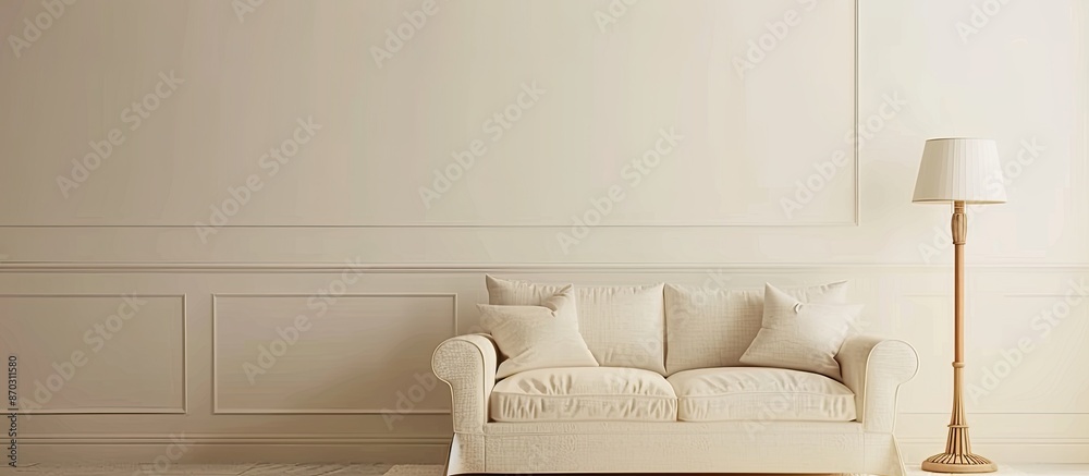 Poster modern living room design with sofa and wooden lamp. with copy space image. Place for adding text or design