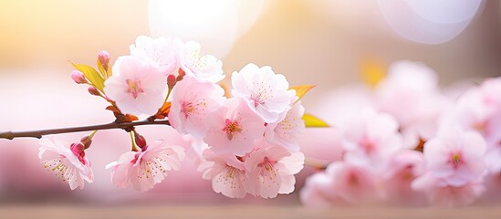 Soft pastel floral card featuring pink springtime cherry blossoms in the background with selective focus, creating a serene copy space image.