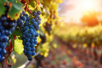 A close-up shot of a cluster of ripe grapes hanging on a vine in a vineyard. The grapes are a deep blue color and are illuminated by the warm afternoon sun