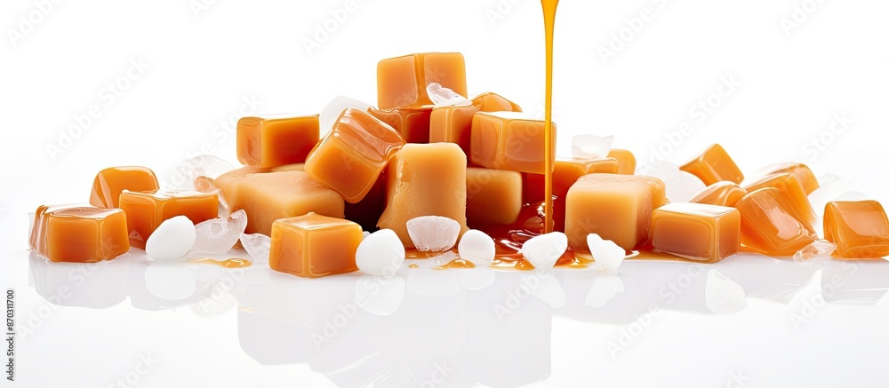 Poster white background with salted caramel candies and sauce, providing room for text in the image. with c