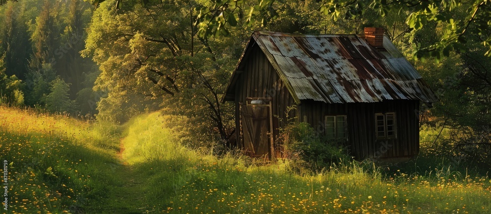 Poster very old little rural house. with copy space image. place for adding text or design