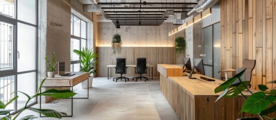 Fototapeta premium Office space in Madrid featuring wooden counters, textured walls, and modern lighting against a bright and airy backdrop with copy space image.