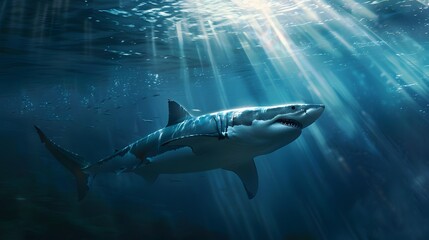 Fototapeta premium Great white shark and sun rays. 