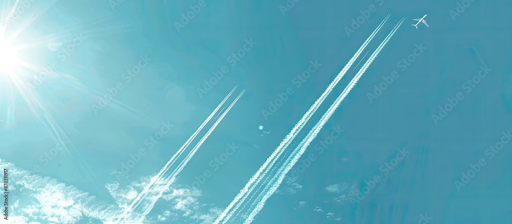 Poster copy space image of two planes leaving trails against a blue sky backdrop.