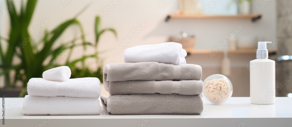 Poster a panoramic photograph showing towels placed on a marble table, with a clear area for additional ima