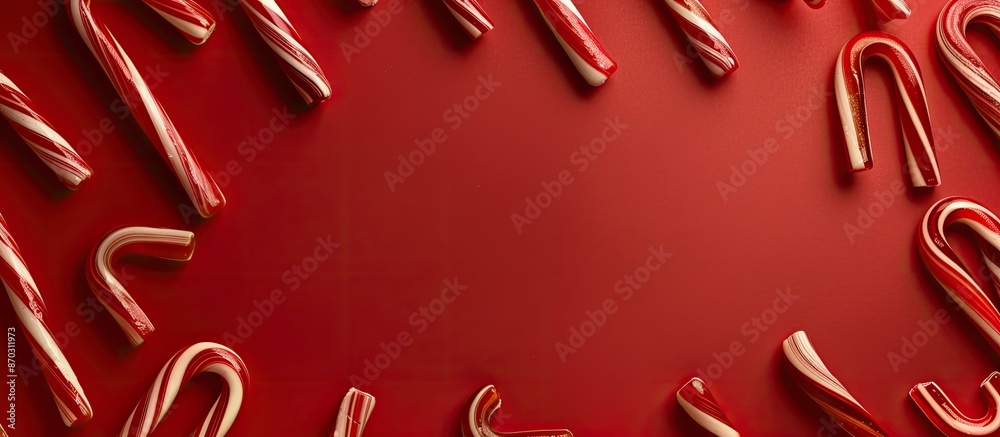 Poster christmas-themed red background showcasing caramel sugar canes for a festive and sweet concept. ampl