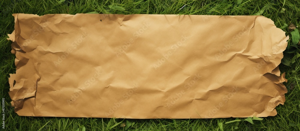 Aufkleber brown paper torn on a green grass background with copy space image.