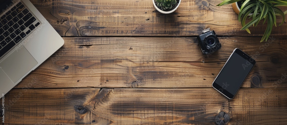 Poster Top view of a wooden office desk showcasing a notebook and smartphone with ample copy space image available.