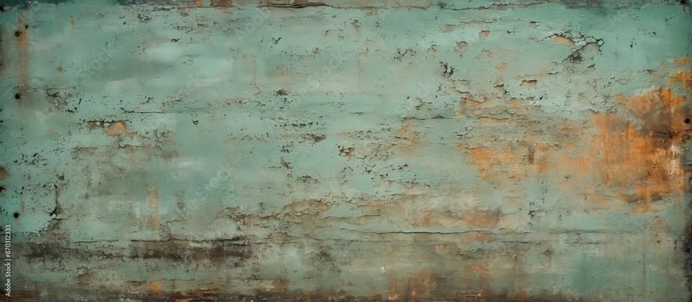 Poster old rusty metal plate with peeling green paint, showcasing a weathered appearance against a backdrop