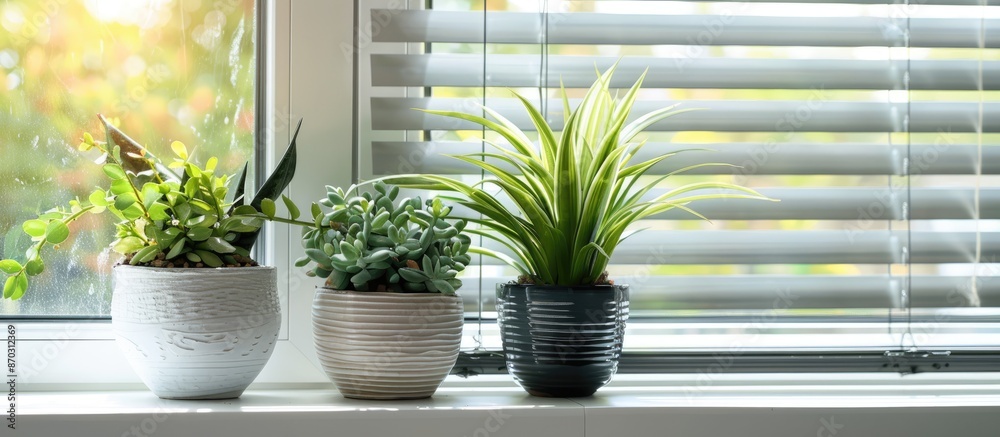 Fototapete Different potted plants on sill near window blinds. Space for text. with copy space image. Place for adding text or design