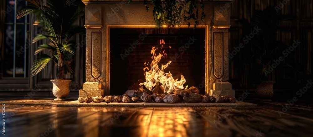Leinwandbilder burning fire in the fireplace. with copy space image. place for adding text or design