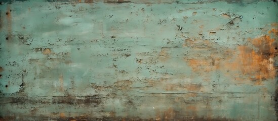 Old rusty metal plate with peeling green paint, showcasing a weathered appearance against a backdrop with copy space image.