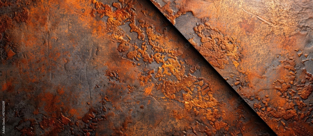 Poster A rusty metal surface with a diagonal border line divides the image into two parts, providing a textured background with copy space image.