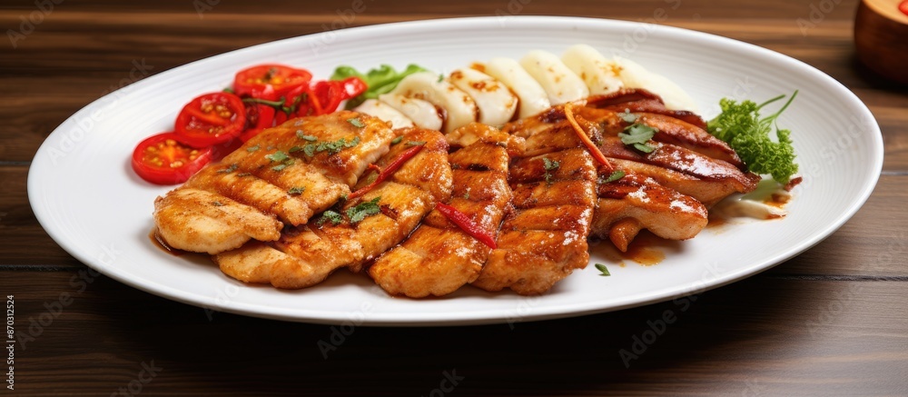 Poster spicy pork and chicken steaks displayed on a white plate on a wooden table with a clear area for add