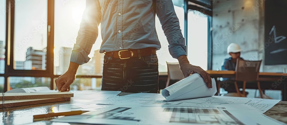 Leinwandbilder construction planning with construction drawings and accessories,construction projects on paper. the