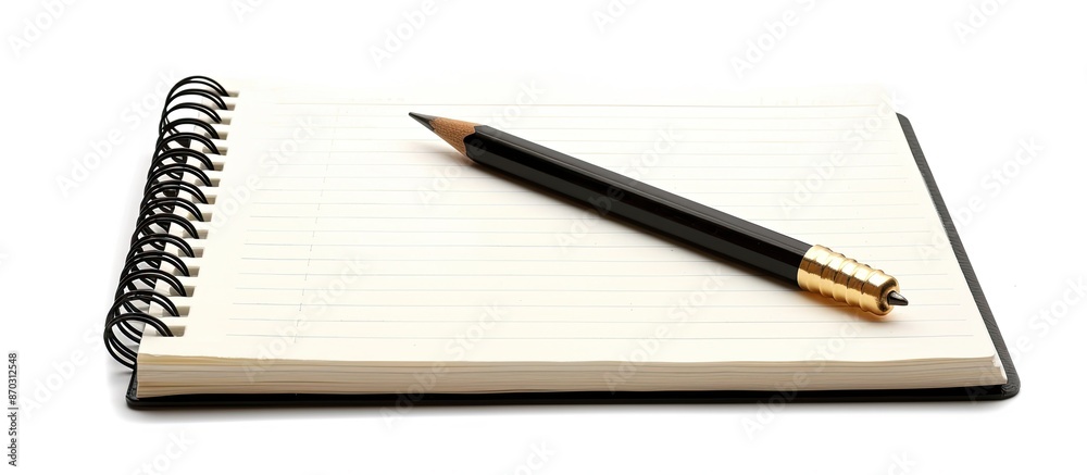 Aufkleber Isolated on a white background is a blank notebook with a pen, pencil, and ample copy space image.
