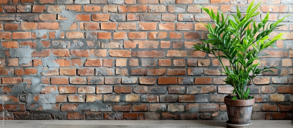 Leinwandbilder artificial green plant in a pot decorated in a room with background of brick wall. with copy space i
