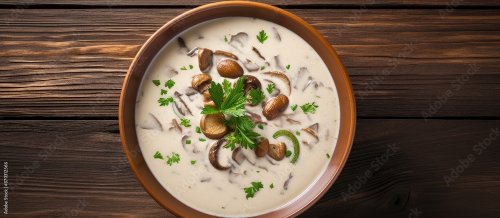 Leinwandbilder Top-down view of a bowl of creamy mushroom soup on a wooden surface with a background open for text or image insertion. with copy space image. Place for adding text or design