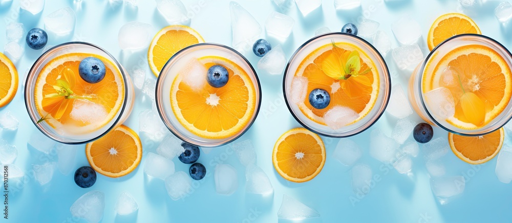 Poster top-down view of frozen glasses filled with a rejuvenating beverage made with natural ice, blueberri
