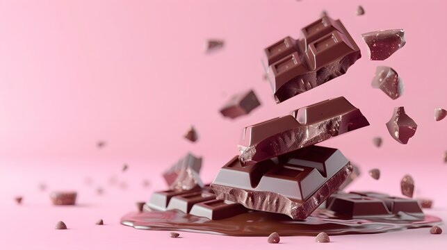 Chocolate bar pieces falling and breaking against pink background, creating a mouthwatering and dynamic visual effect.