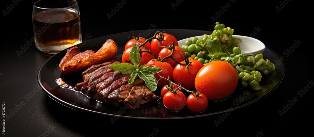 Poster light snacks include a meat plate and stewed tomatoes served in a copy space image.
